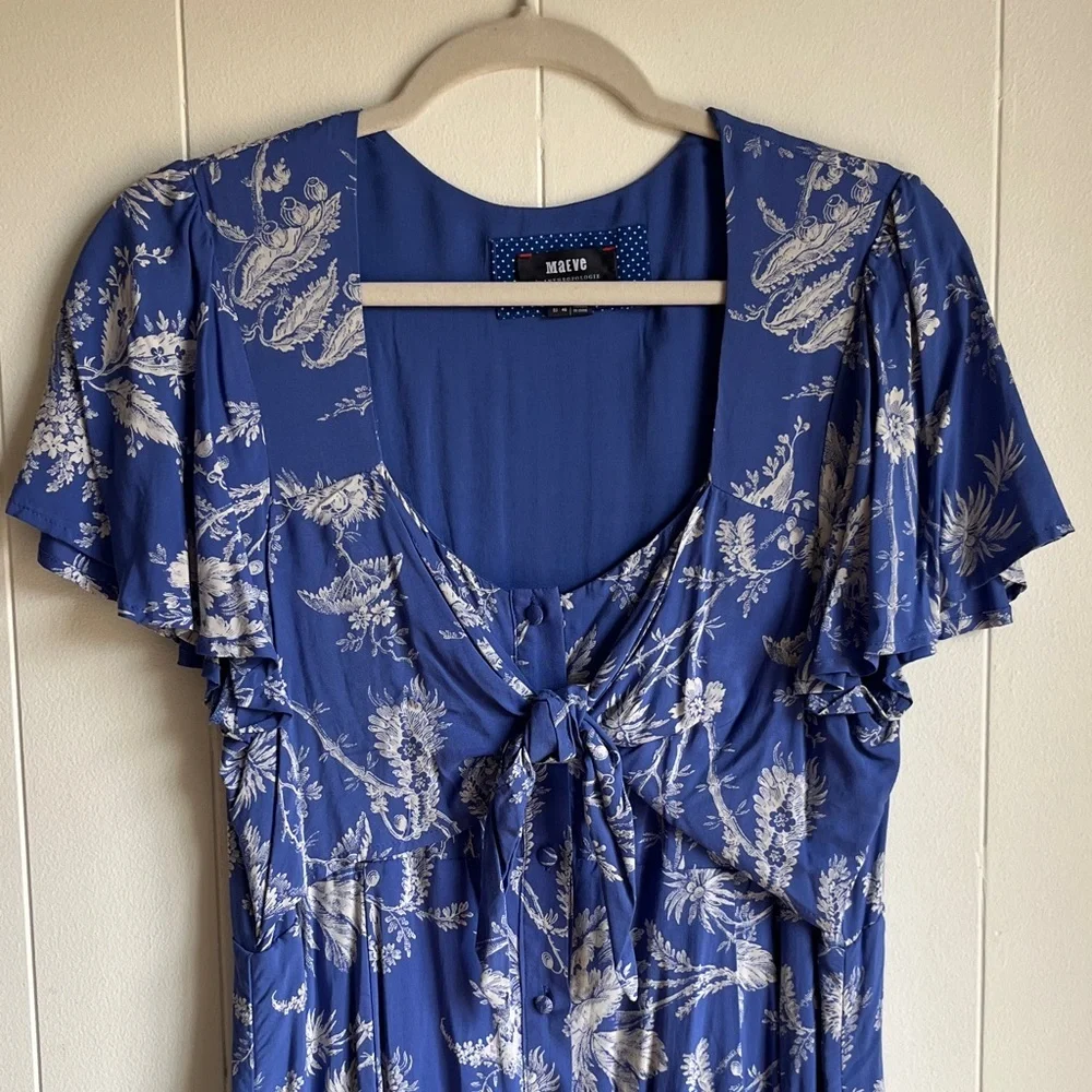 Mauve Blue and White Floral Midi Coastal Beach Resort wear Dress Sz 14 - Picture 4 of 13